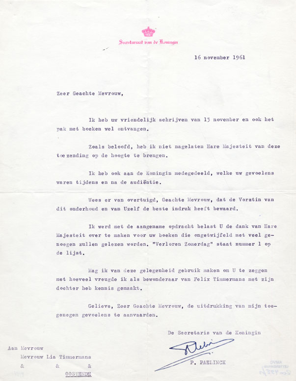 Brief van de secretaris van de koningin Paul Paelinck aan Lia Timmermans, 16 november 1961 Brief van de secretaris van de koningin Paul Paelinck aan Lia Timmermans, 16 november 1961