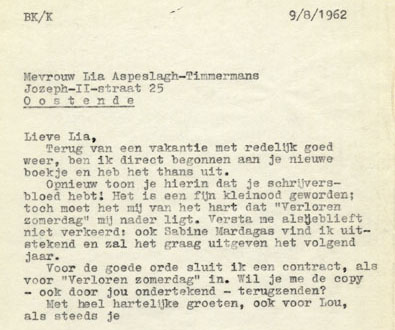 Brief van uitgever Bob van Kampen aan Lia Timmermans, 9 augustus 1962, over de roman 'Sabine Mardagas' Brief van uitgever Bob van Kampen aan Lia Timmermans, 9 augustus 1962, over de roman 'Sabine Mardagas'