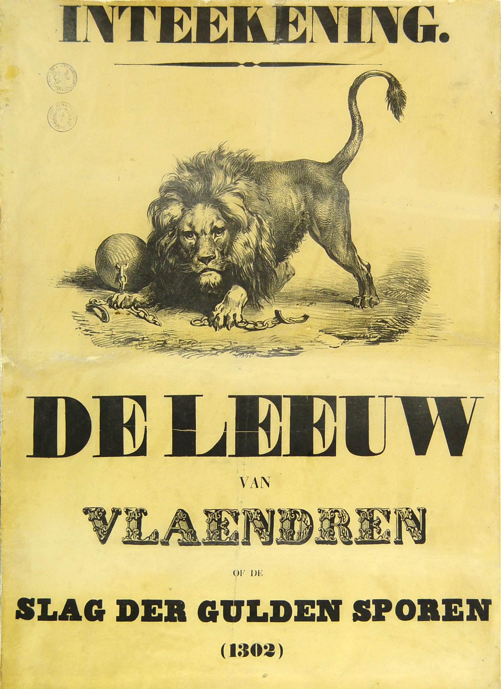 Affiche voor de intekening op 'De Leeuw van Vlaenderen', in een ontwerp van Gustaaf Wappers [1838]