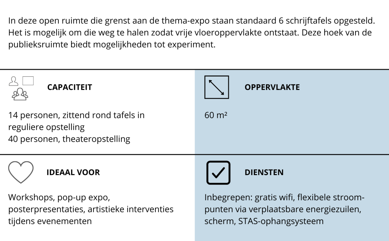 Infofiche studieruimte: 14 personen zittend rond tafels, 40 personen theateropstelling, 60 m², gratis wifi, flexibele stroompunten, STAS-ophangsysteem, ideaal voor workshops, pop-up expo, posterpresentaties, artistieke interventies tijdens evenementen