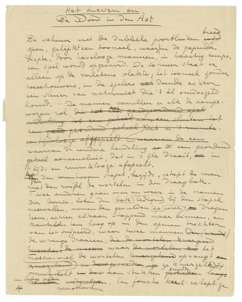 Eerste pagina uit het handschrift van 'Het leven en de dood in den ast' (1926) Eerste pagina uit het handschrift van 'Het leven en de dood in den ast' (1926)