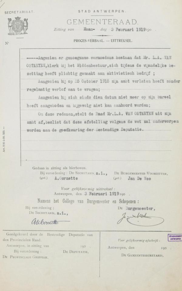 Proces verbaal gemeenteraad ontslag van Ostaijen