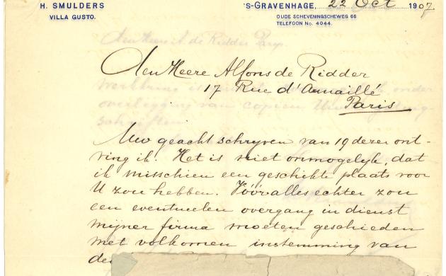 Brief van Henri Smulders (Werf Gusto) aan Alfons de Ridder, 22 oktober 1907