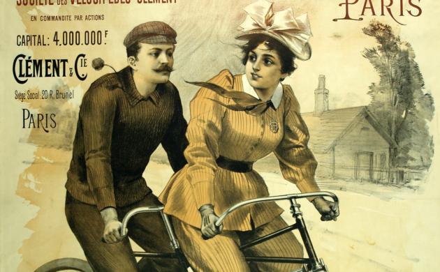 Affiche van het fietsmerk Clément met een illustratie van een man en een vrouw op een tandem